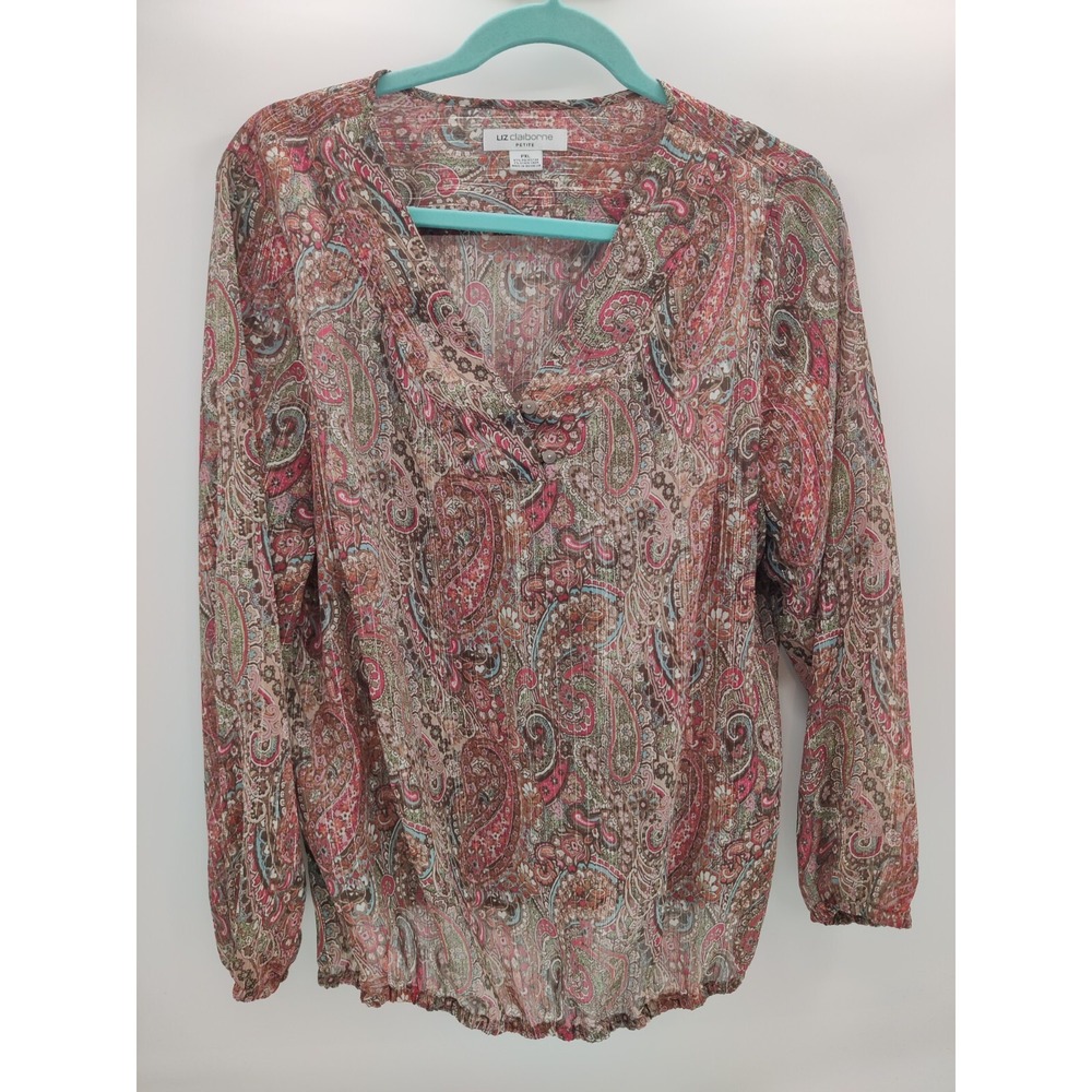 Liz Claiborne Petite PXL Paisley Bubble Hem Blouse Pink Brown Metallic w/ Cami